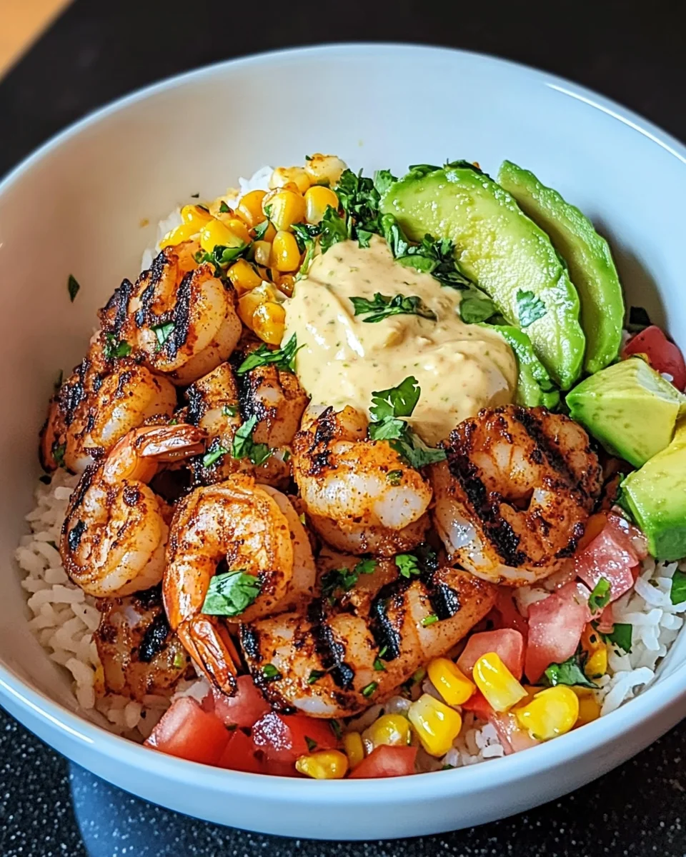Grilled Shrimp Bowl with Avocado, Corn Salsa & Creamy Sauce