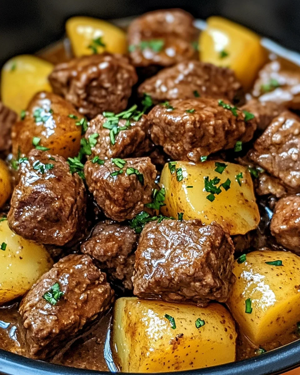 Slow Cooker Garlic Butter Beef Bites & Potatoes