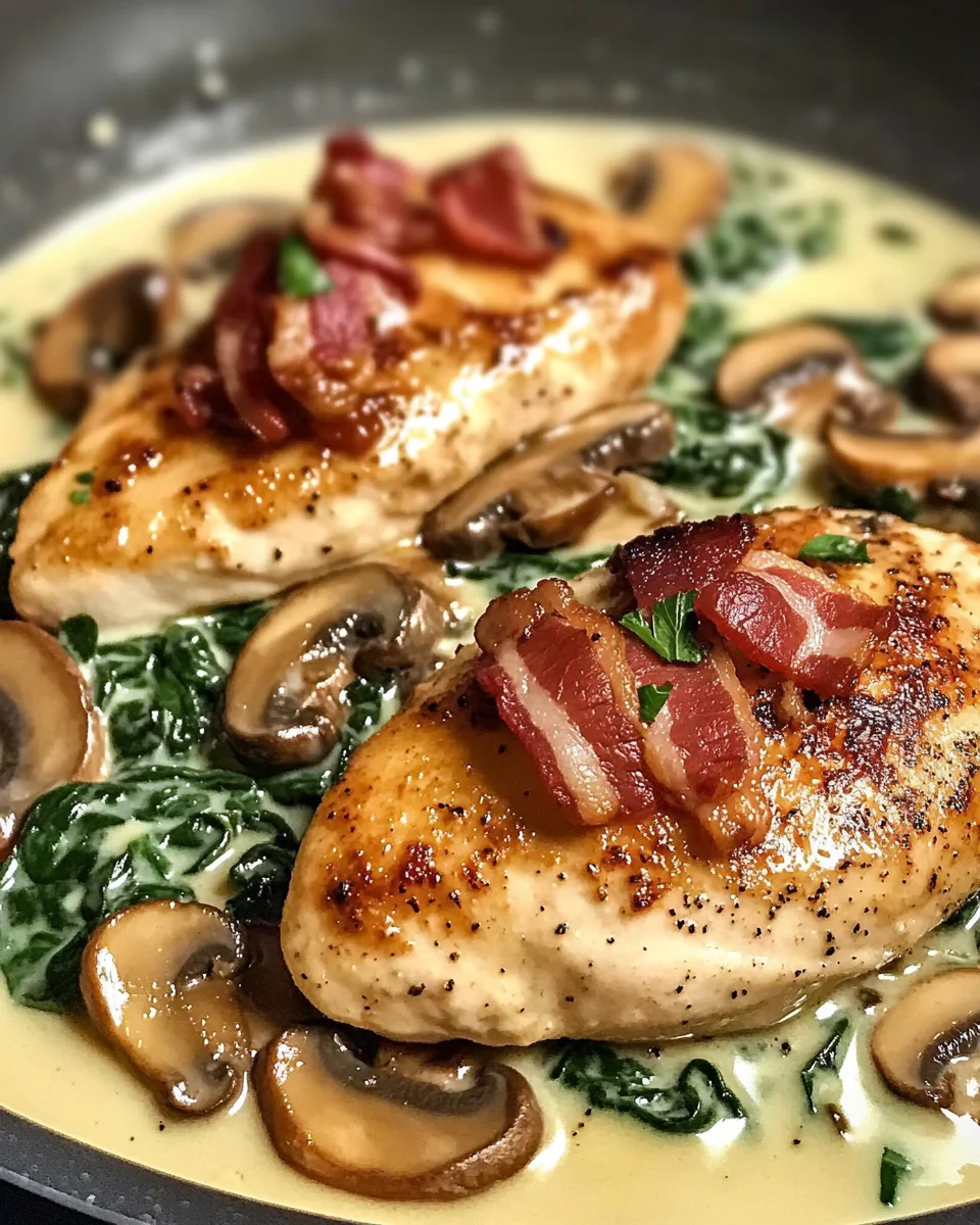 Smothered Chicken with Creamed Spinach Bacon And Mushrooms