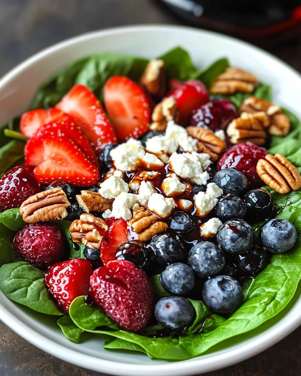 Berry Spinach Salad with Pecans, Feta, and Balsamic Glaze