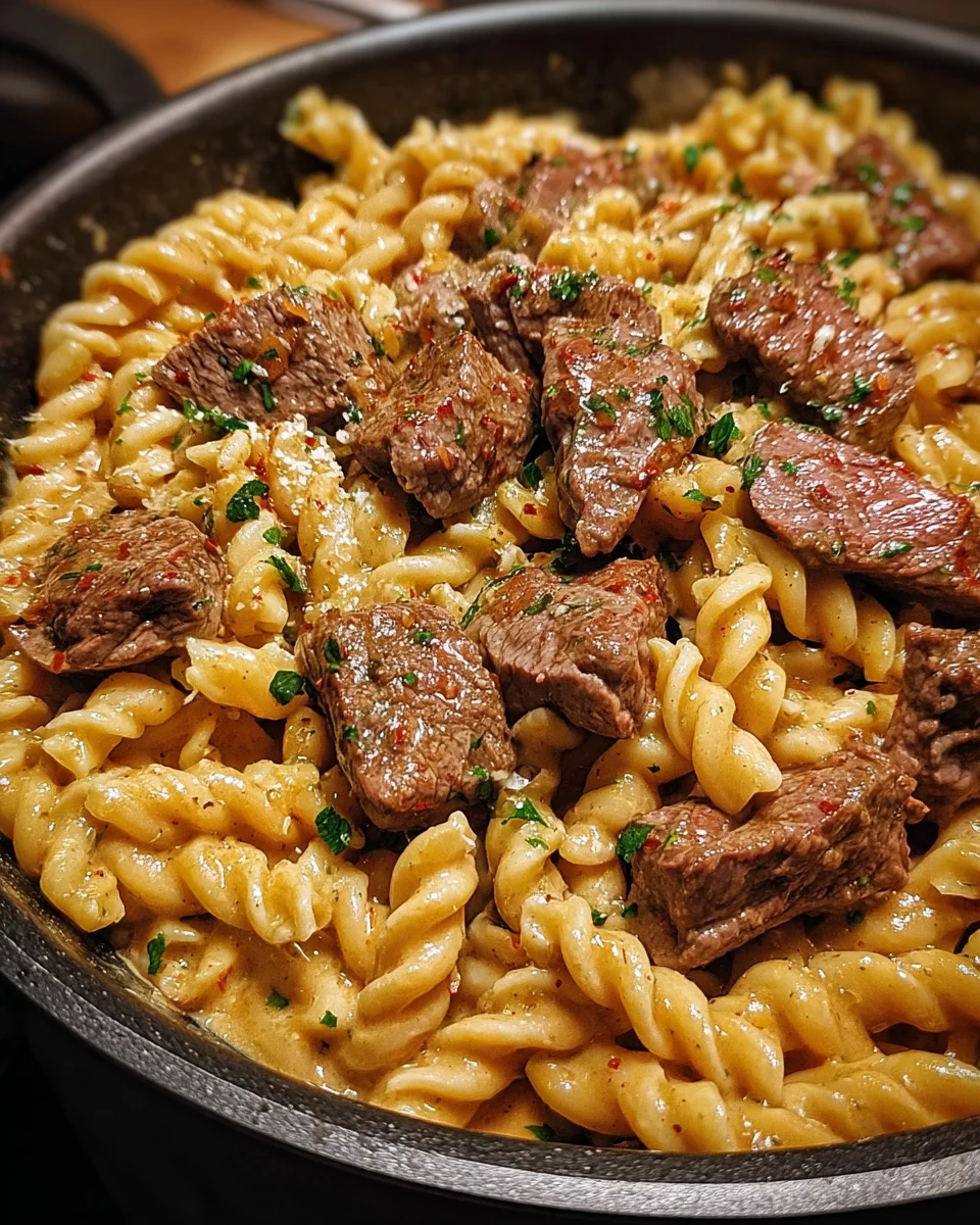 One-Pot Creamy Spicy Garlic Butter Steak & Pasta