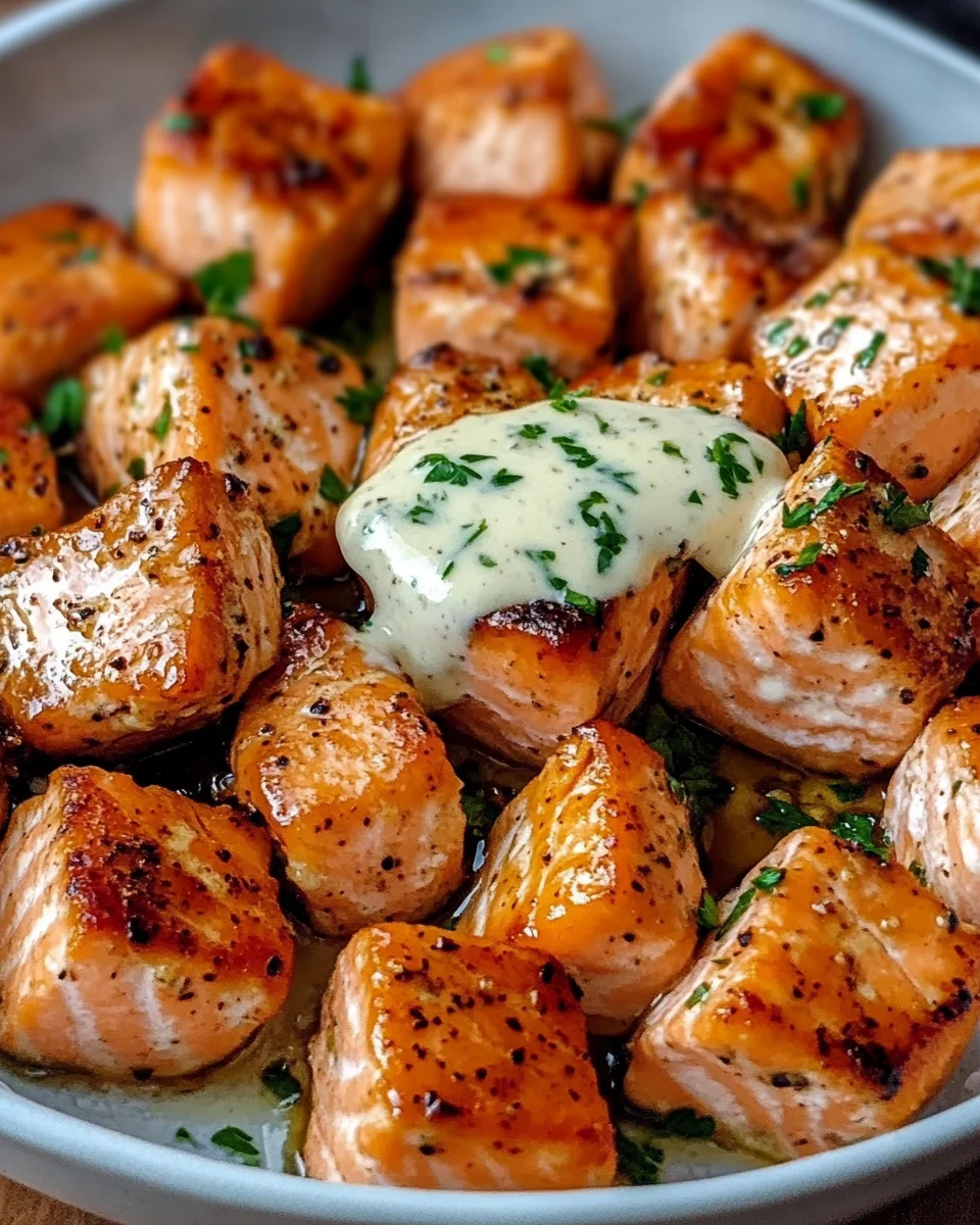Air Fryer Salmon Bites with Garlic Cream Sauce