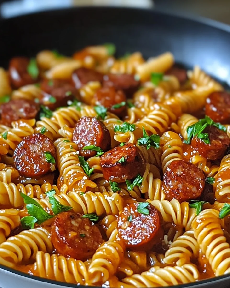One-Skillet Spicy Honey BBQ Sausage & Pasta