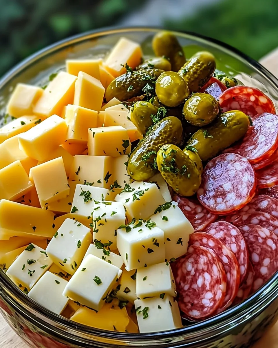 Marinated Cheese Appetizer with Salami & Pickles