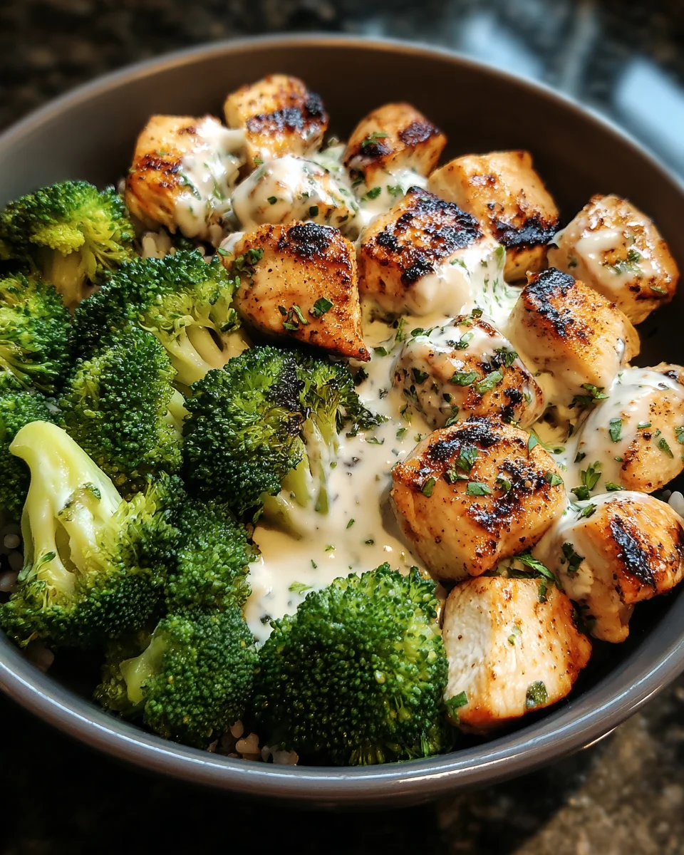Grilled Chicken & Broccoli Bowls with Creamy Garlic Sauce Delight!