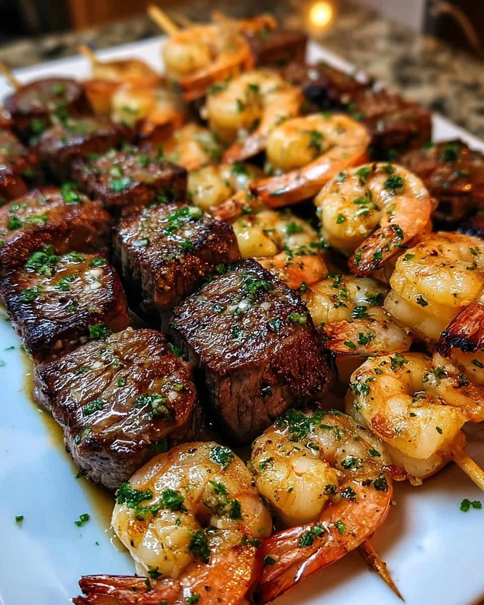 Grilled Steak and Shrimp Skewers with Garlic Butter