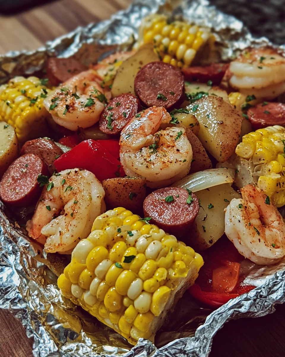 Shrimp, Corn, Potatoes, and Smoked Sausage Foil Pack