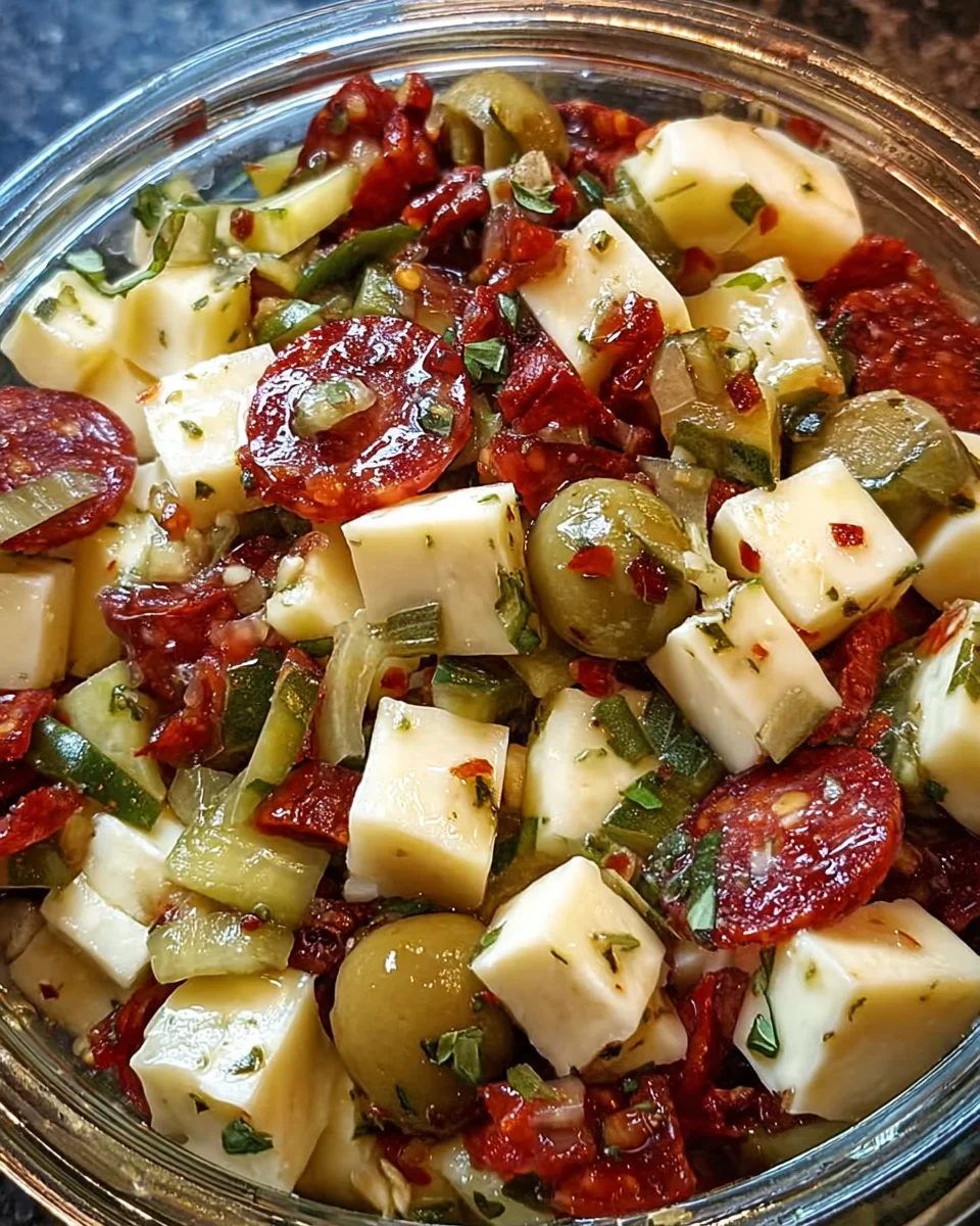 Marinated Cheese Appetizer with Pepperoni & Pickles