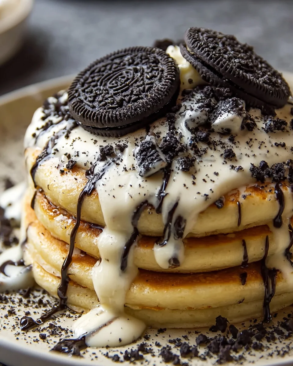 Oreo Pancakes with Cream Cheese Drizzle