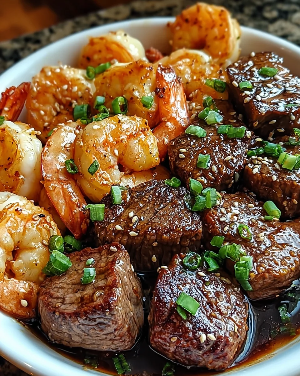 Steak Bites and Shrimp in Butter Soy Glaze