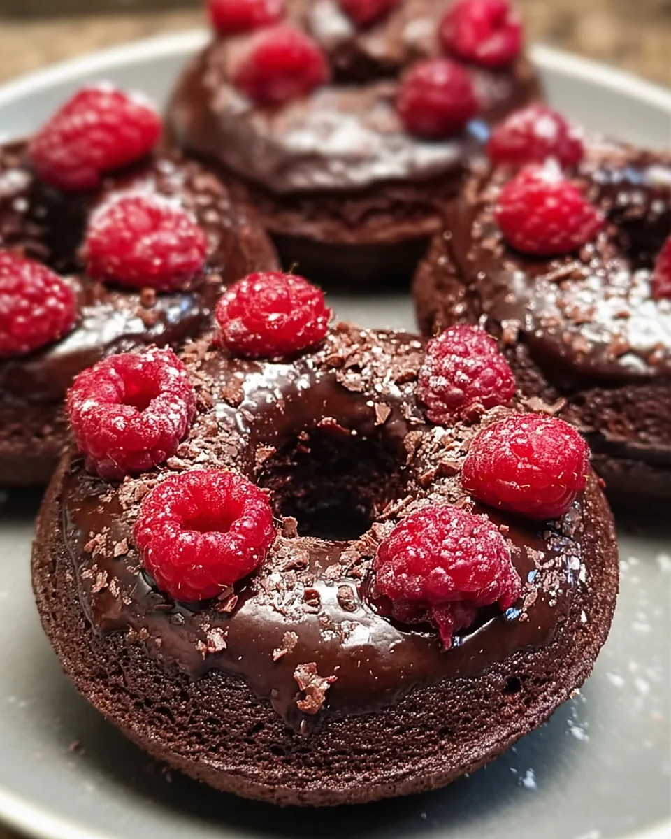 Baked Chocolate Donuts with Raspberries