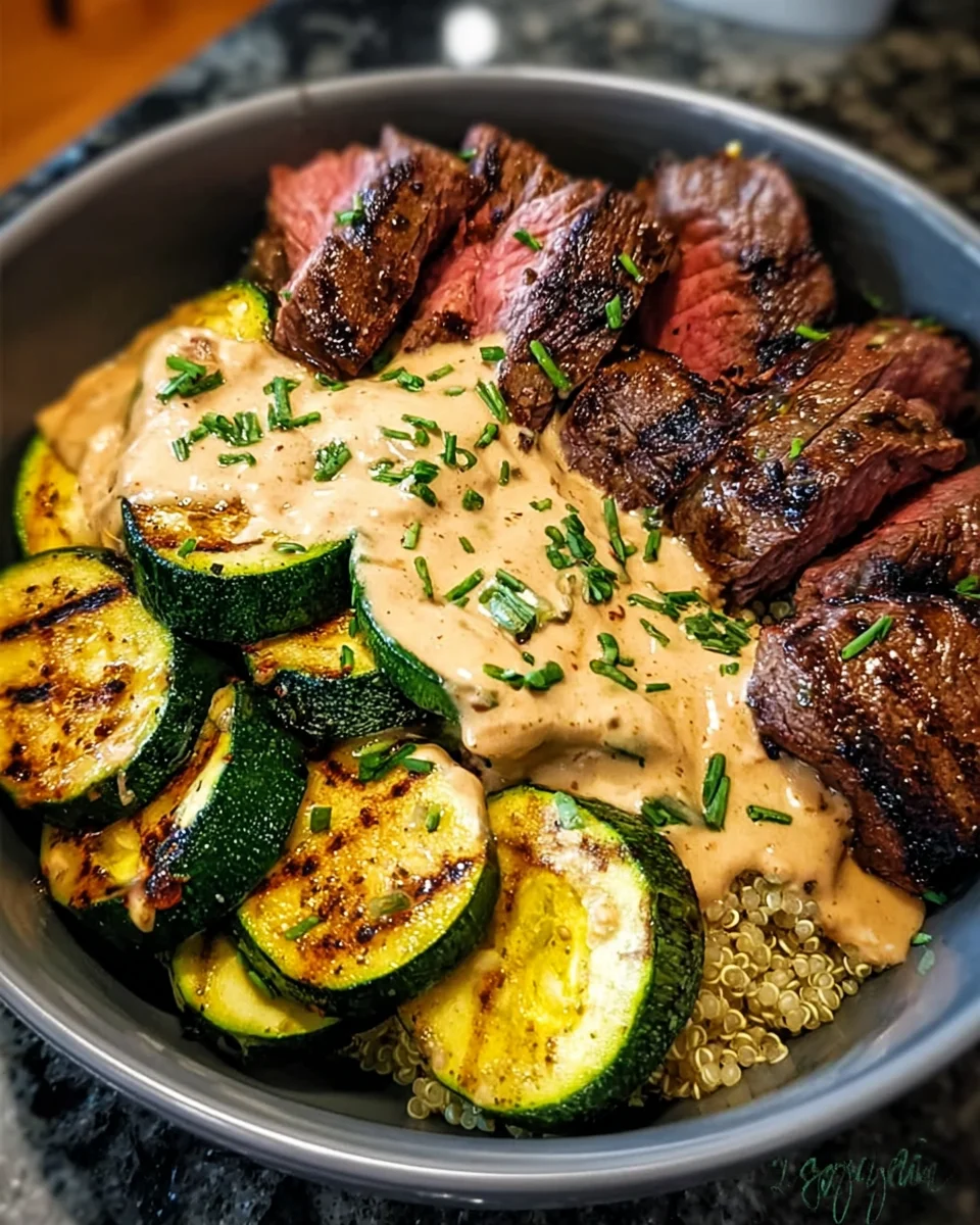 Grilled Steak Bowl with Creamy Sauce & Grilled Zucchini