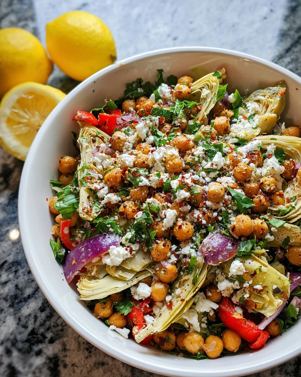 Crispy Chickpea Artichoke Salad with Lemon Dressing delights your taste buds!