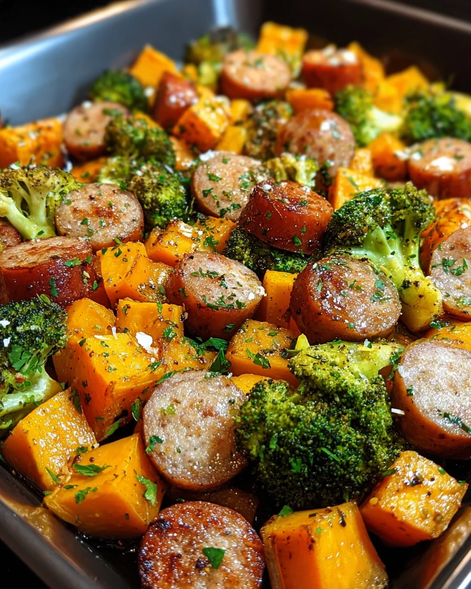 Sheet pan sausage and sweet potatoes with honey garlic sauce