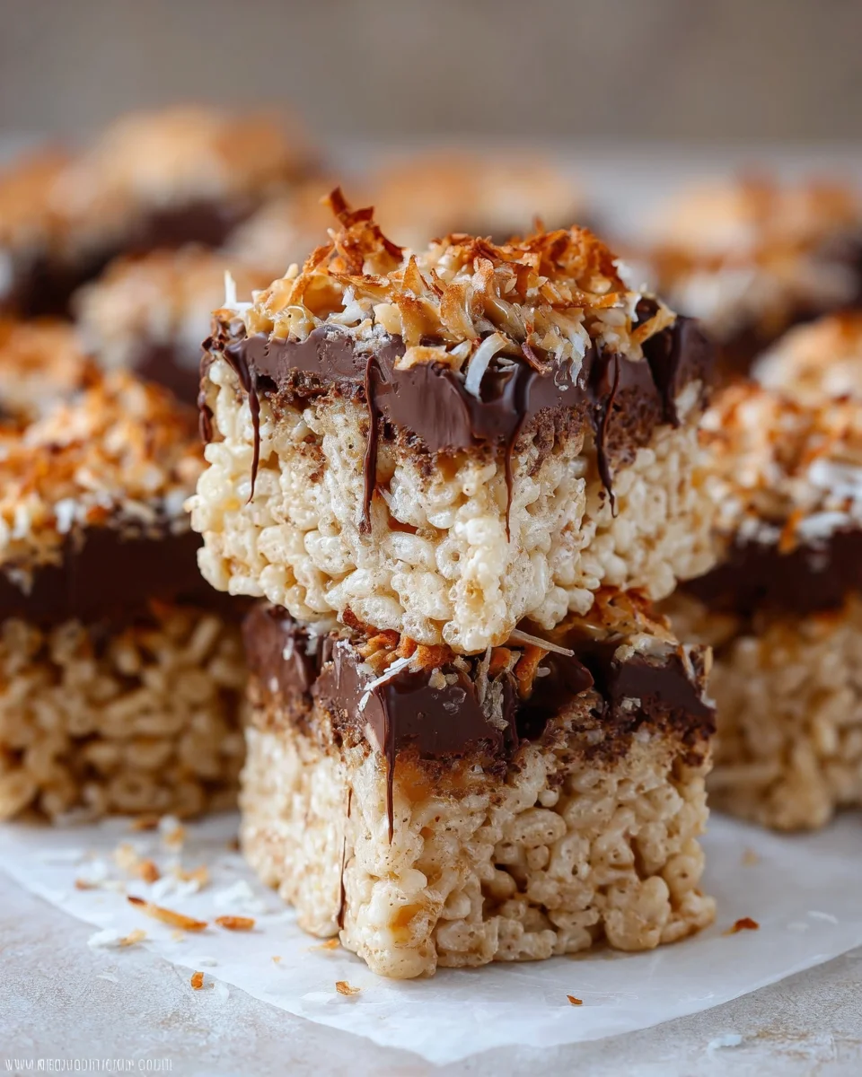 Chocolate, Coconut Caramel Krispy Treats
