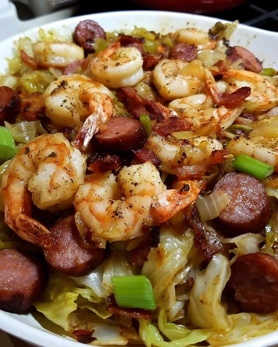 Fried Cabbage with Shrimp, Sausage & Bacon