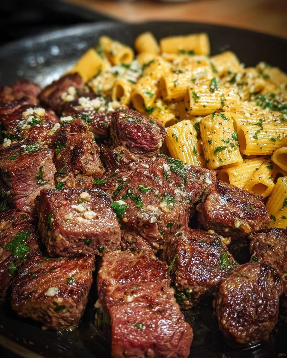 Garlic Butter Steak with Creamy Parmesan Rigatoni