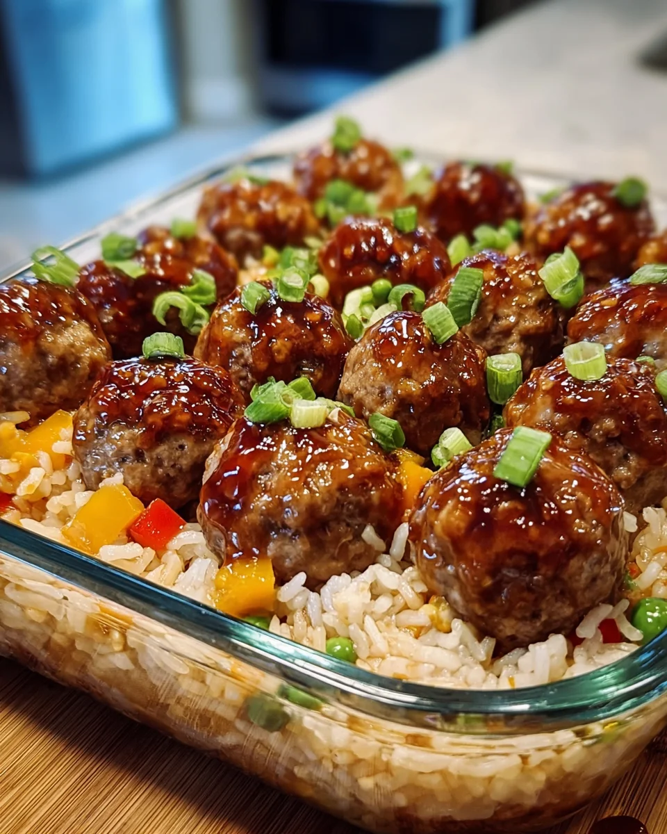 Honey Garlic Meatball Rice Bake