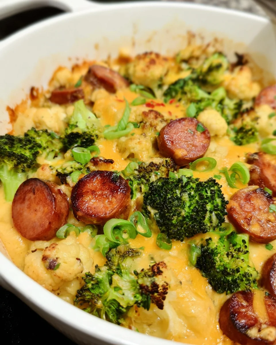Keto Broccoli and Cauliflower Au Gratin with Sausage