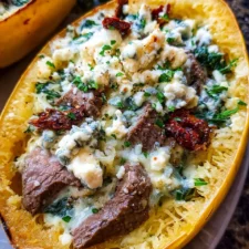 Keto Low Carb Steak Gorgonzola Alfredo Spaghetti Squash