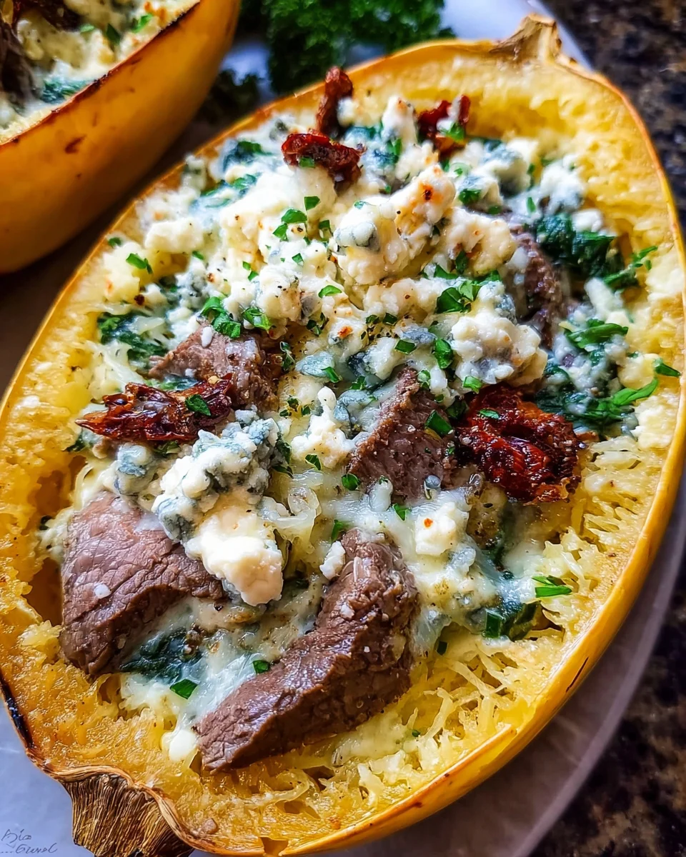 Keto Low Carb Steak Gorgonzola Alfredo Spaghetti Squash