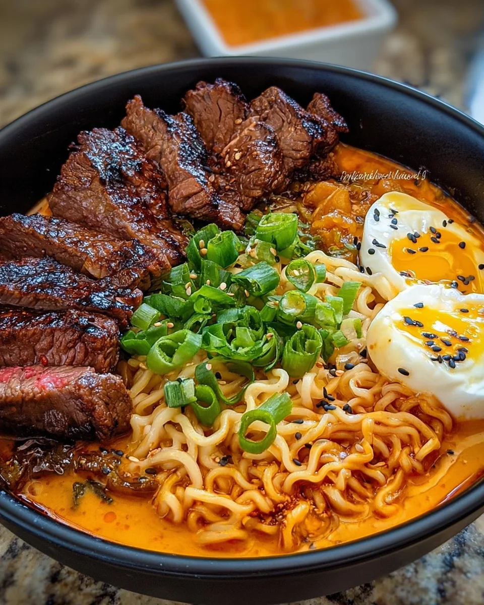 Spicy Korean Ramen with Grilled Beef & Creamy Sauce