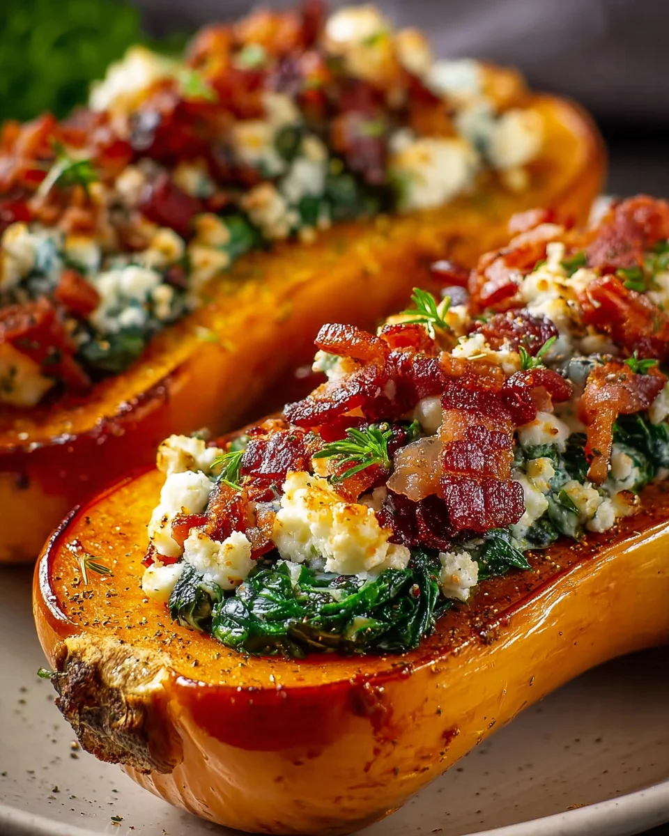 Stuffed butternut squash filled with feta spinach and bacon