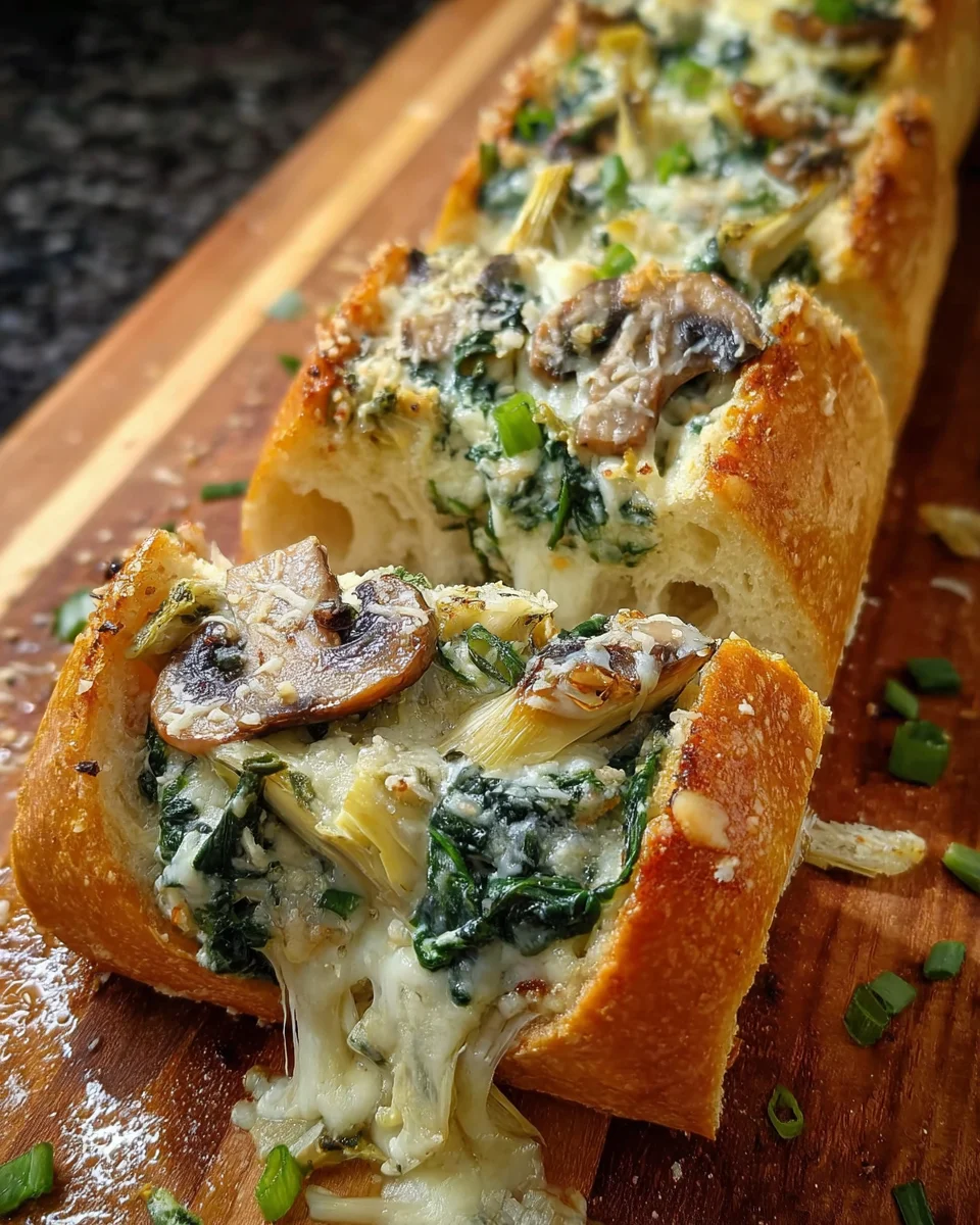 Cheesy Spinach Artichoke & Mushroom Stuffed Baguette