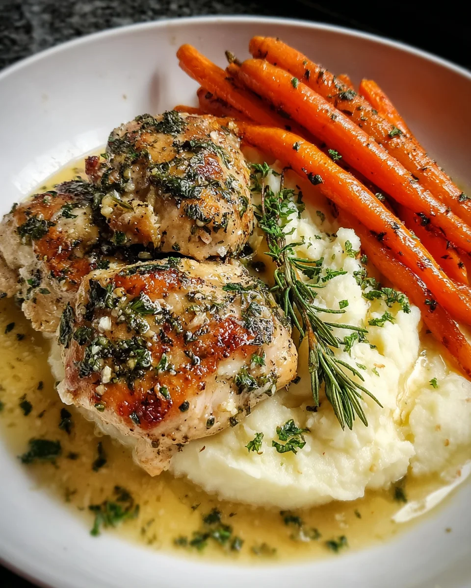 Garlic Herb Chicken with Creamy Mash & Roasted Carrots