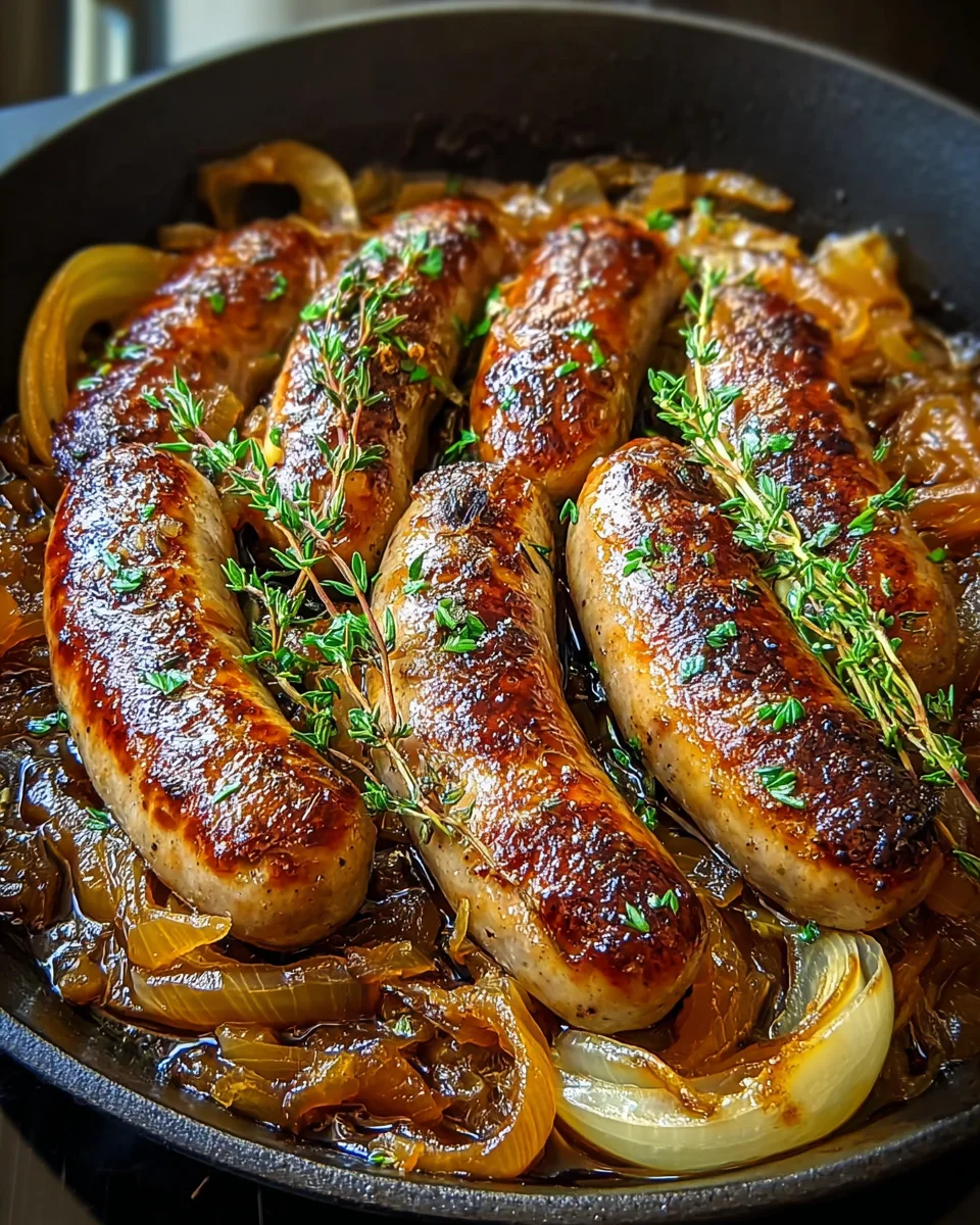 Oven Braised Beer Brats with Caramelized Onions