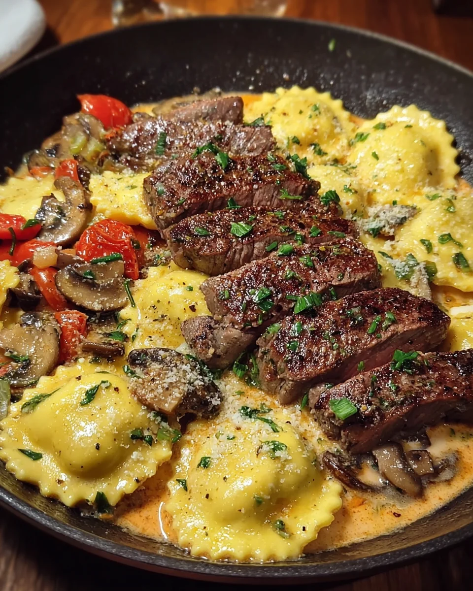 Creamy Tomato Mushroom Ravioli with Seared Steak
