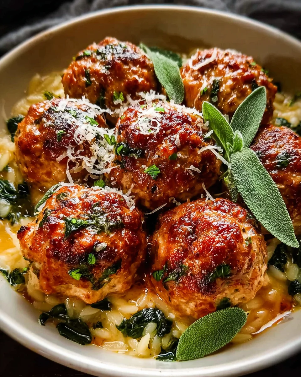 Baked Sage Chicken Meatballs with Parmesan Orzo