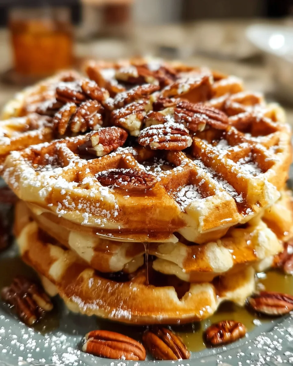 Crispy Pecan Waffles with Maple Drizzle