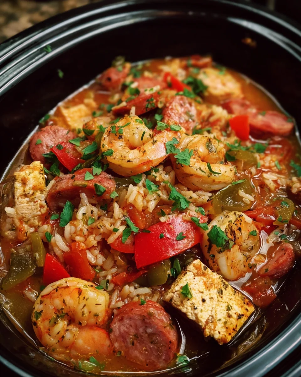 Slow Cooker Cajun Jambalaya with Chicken, Sausage & Shrimp