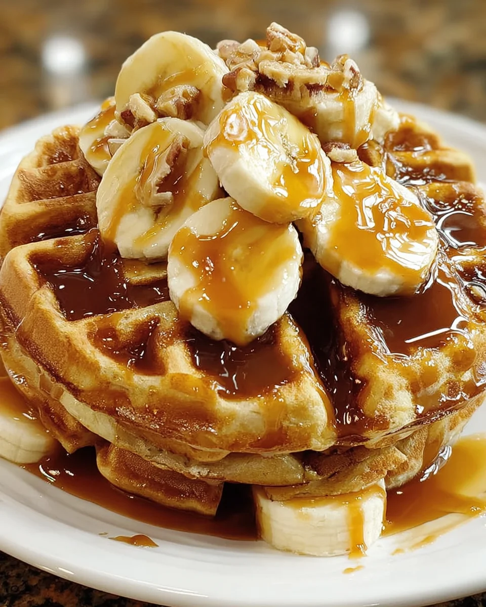 Banana Waffles with Caramel Topping