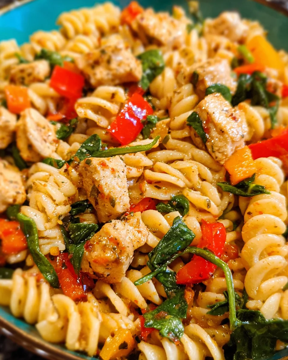 Smoky Chicken, Peppers, and Spinach Pasta Salad