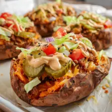 Cheeseburger Loaded Sweet Potatoes