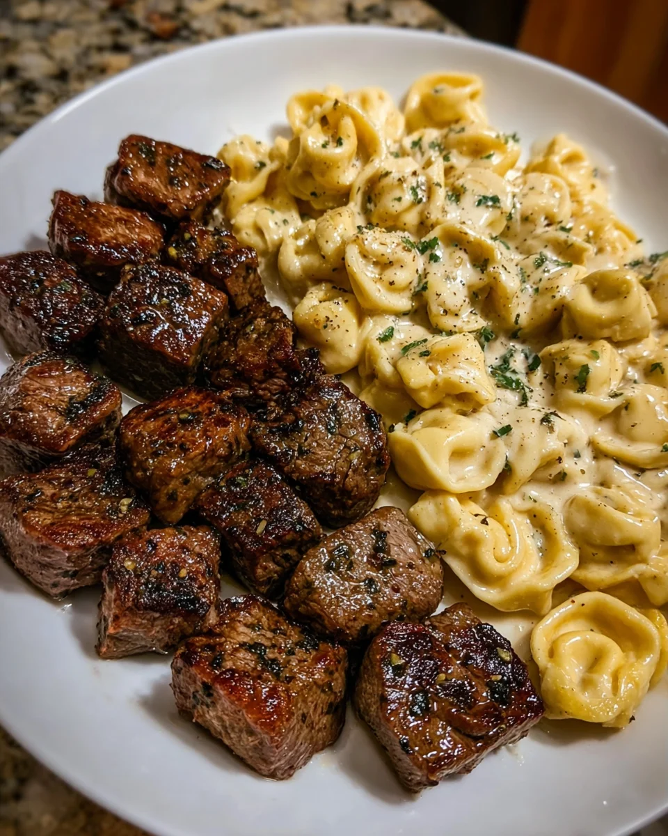 Garlic Butter Steak Bites & Creamy Alfredo Tortellini